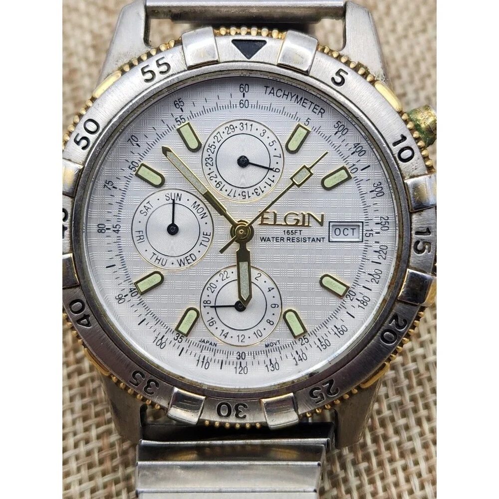 ELGIN FS321B Chrono Day/Date/Month Two-Tone Unisex Wristwatch New Battery